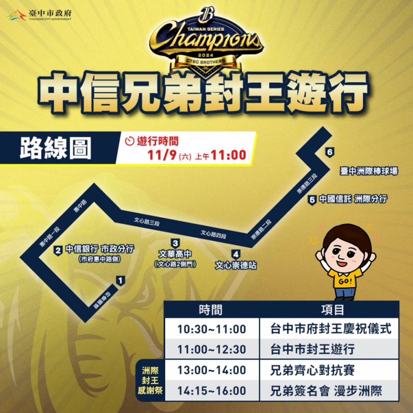 歡慶中信兄弟封王遊行 11/9邀請市民齊聚台中共慶總冠軍