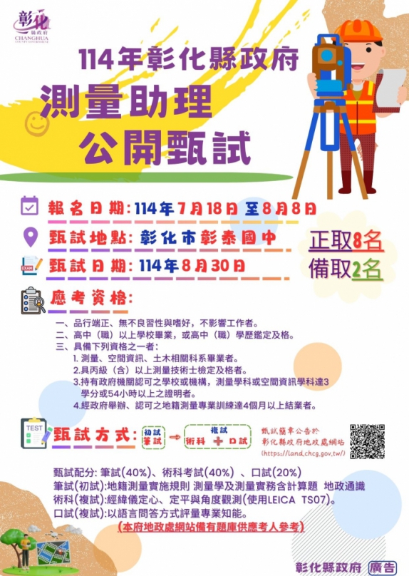彰化縣府徵求優秀測量人才。（照片縣府提供）