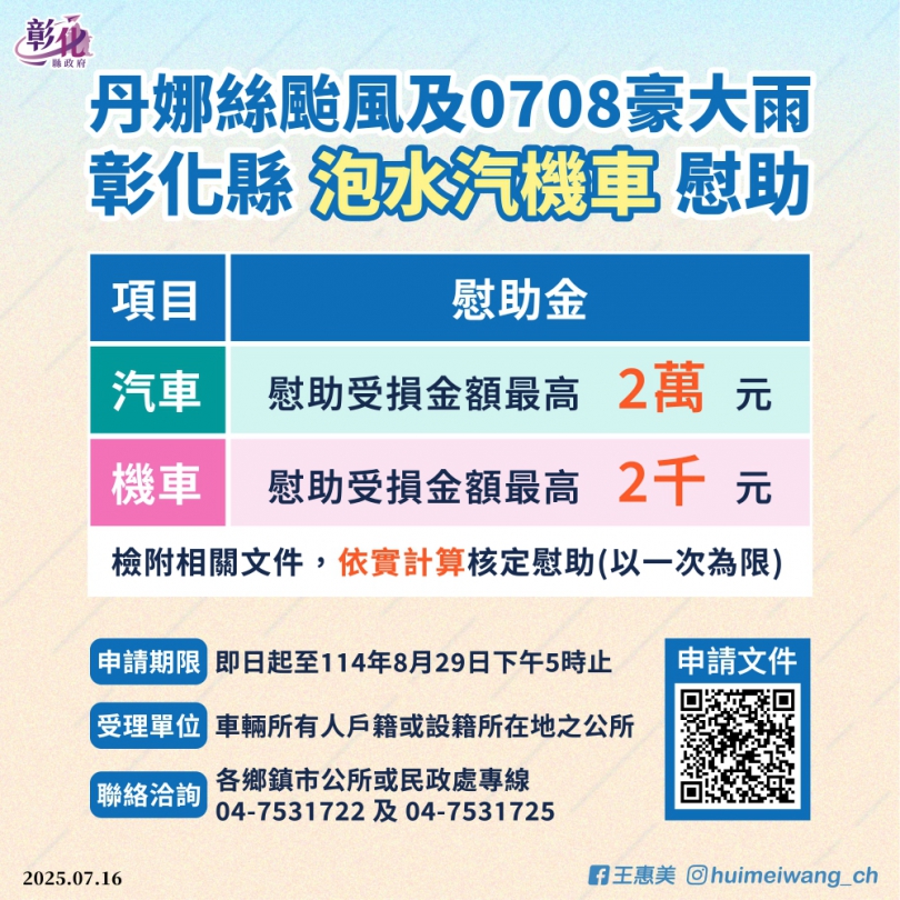 「颱風」和「豪大雨」 泡水車，彰化縣慰助計畫出爐。（照片縣府提供）