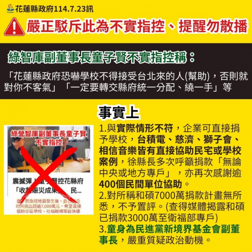 童子賢說花蓮縣政府恐嚇學校不得接受台北來的人（幫助）｜花蓮縣政府嚴正聲明駁斥：與事實不符，並對於童先生所具備身分地位卻發表未經求證、不負責任言論，不排除法律行動！