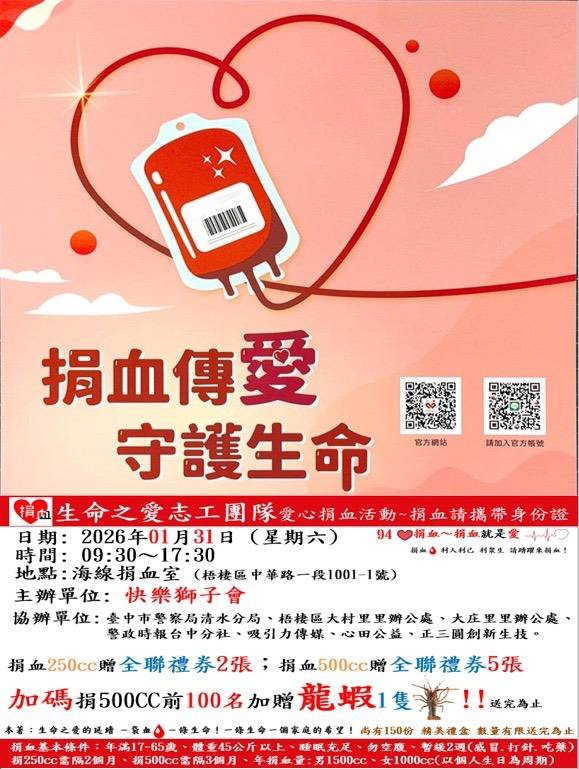 年節前血庫告急　1/31捐血 500cc 前 100 名送龍蝦助攻中台灣備血