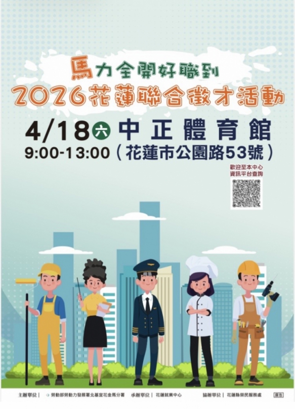 薪資最高上看5萬8千元|2026花蓮聯合徵才4月18日登場,近700個職缺,助求職者快速媒合好工作!