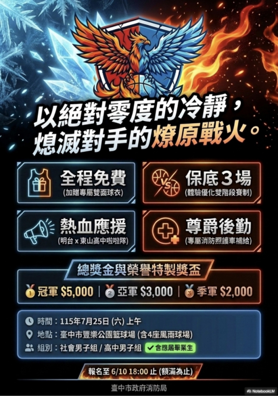 中市消防3對3籃球賽7/25熱血開跑 免費報名再送專屬球衣!