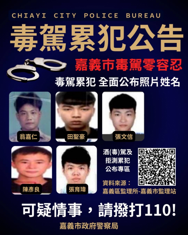 嘉義市毒駕零容忍 五名累犯照片、姓名全公告