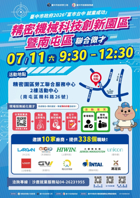 無紙化徵才免帶履歷!精密機械科技園區暨南屯區聯合徵才7月11日登場
