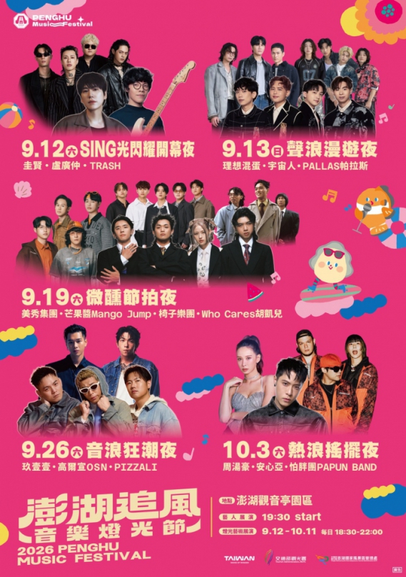 2026澎湖追風音樂燈光節 巨星演唱會×海島光影×旅遊優惠 點亮秋季旅遊熱潮 備受矚目的巨星級演唱會將於9月12日至10月3日熱力登場,除連續四個週六於澎湖觀音亭開唱外,更於9月13日(日)加碼演出,共計五場夢幻規模演唱會,邀請16組人氣與實力兼具的藝人輪番上陣。今年卡司陣容星光熠熠,齊聚韓籍藝人-圭賢、盧廣仲、周湯豪、玖壹壹、理想混蛋、TRASH、宇宙人、高爾宣OSN及安心亞等歌手接力飆唱,週週帶來不同音樂魅力,熱烈邀請國內外旅客造訪澎湖,親身體驗海風、音樂與光影交織的浪漫秋季氛圍。