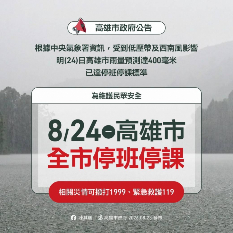 豪雨下不停高雄明天繼續停班課