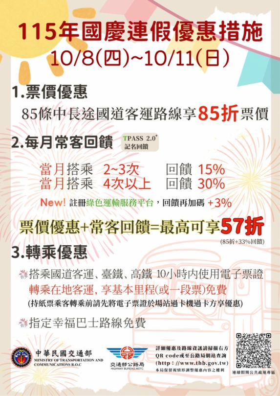 10/8至10/11國慶連假 搭國道客運享85折、TPASS常客再回饋