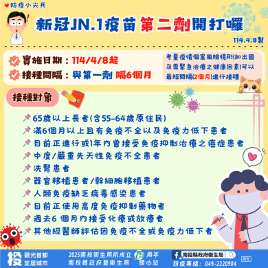 縣府衛生局自即日起，提供65歲以上長者(含55至64歲原住民)及免疫不全民眾接種新冠JN.1疫苗第2劑