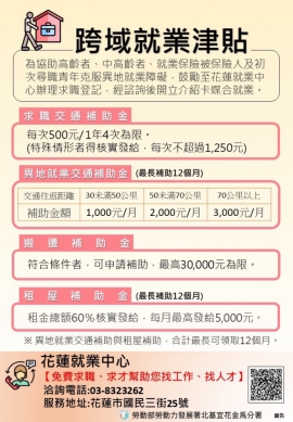 跨域就業津貼｜搭車、搬家、租屋都有補助，請洽花蓮就業中心，電話：（03）8323262。