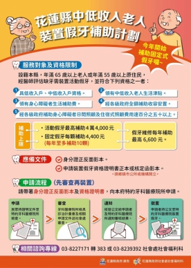 固定假牙首次納入補助｜花蓮縣中低收老人補助裝置假牙擴大服務，每人最高補助4萬4千元。