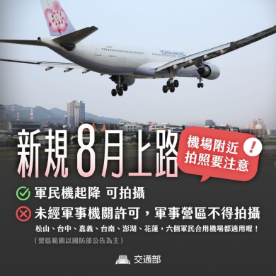 交通部：軍民機起降可拍攝，全臺：松山、台中、嘉義、台南、澎湖、花蓮等六個軍民合用機場都同樣適用！