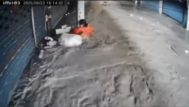 救我、救我｜洪水猛獸瞬間殺至，光鄉一名婦人走避不及，抱著一根柱子待援！