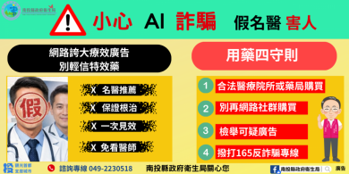 AI換臉詐騙入侵醫療廣告！ 南投縣衛生局籲民眾：購買藥品務必循合法管道