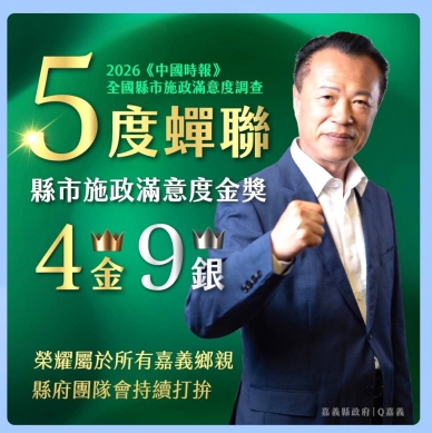 2026《中國時報》全國縣市施政滿意度調查 13項評比嘉義縣榮獲4金9銀大滿貫！